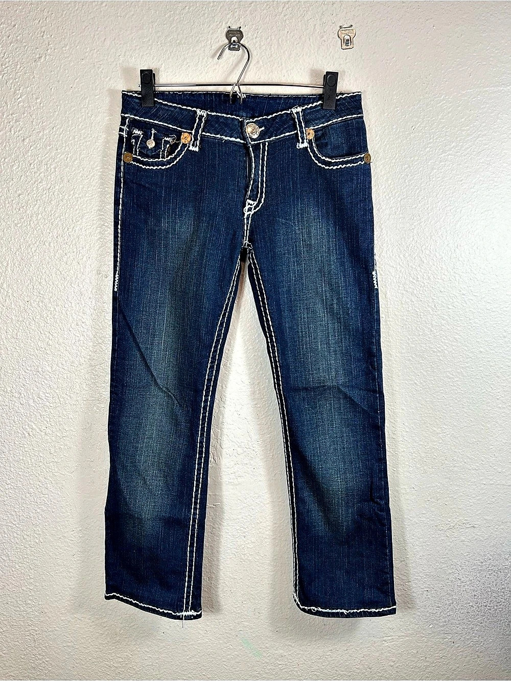 True Religion Joey Super T Jeans 30x26 Flap Pocket White Stitch Flare Blue Y2K